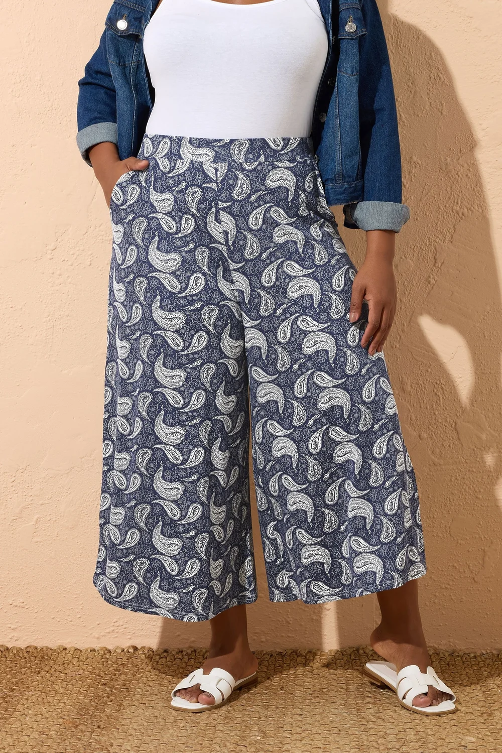 Yours Curve Navy Blue Paisley Print Midaxi Culottes - 30-32 Image 1