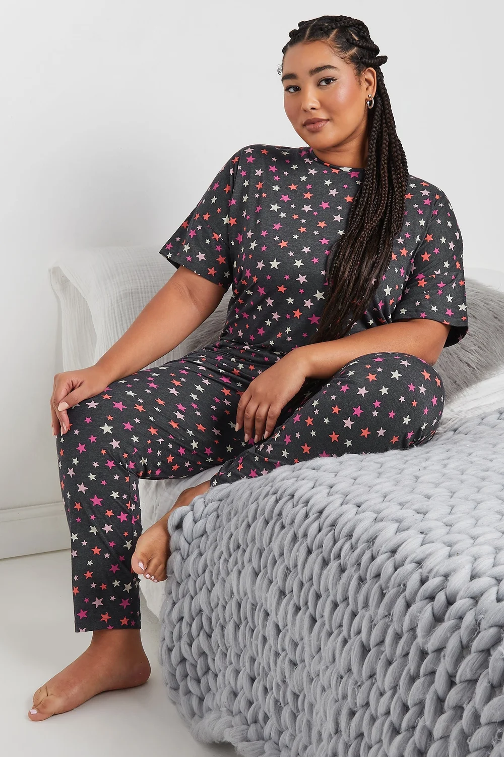 YOURS Curve Grey Star Print Short Sleeve Pyjama Set - Size 14-16 Image 2