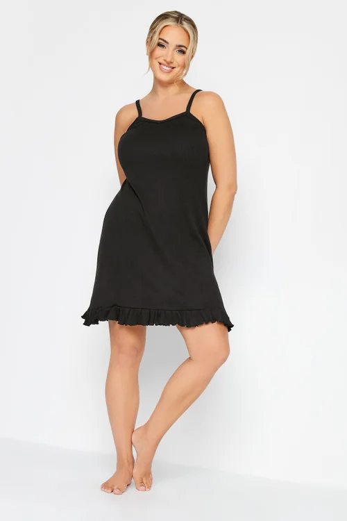 YOURS Curve Black Frill Ribbed Cotton Chemise - Size 34-36 Image 2