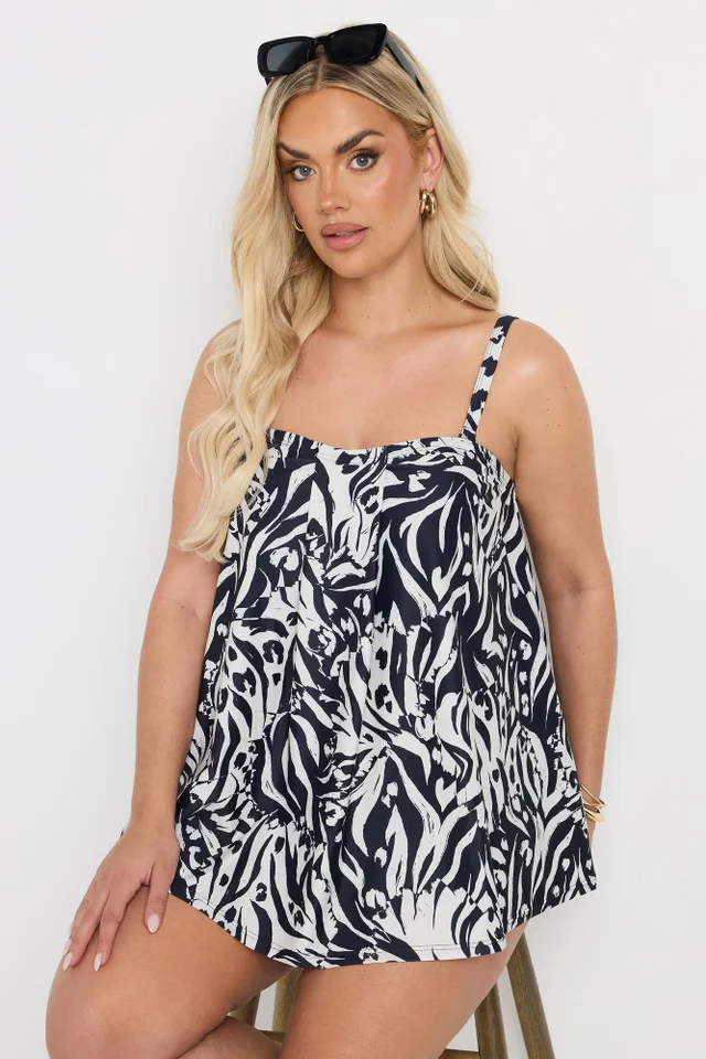Yours Curve Black Abstract Animal Print Pleat Front Tankini Top