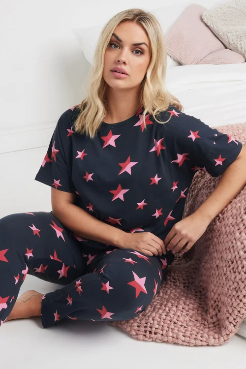YOURS Curve Navy Blue Star Print Pyjama Set - Size 14-16 Image 2