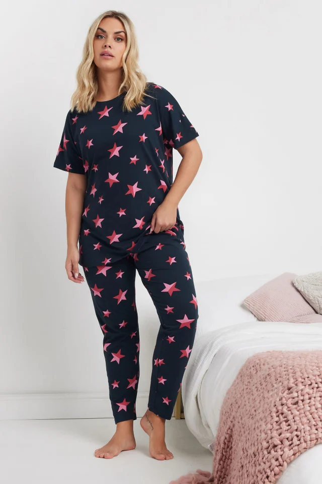 YOURS Curve Navy Blue Star Print Pyjama Set