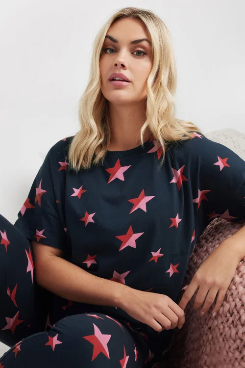 YOURS Curve Navy Blue Star Print Pyjama Set - Size 14-16 Image 4