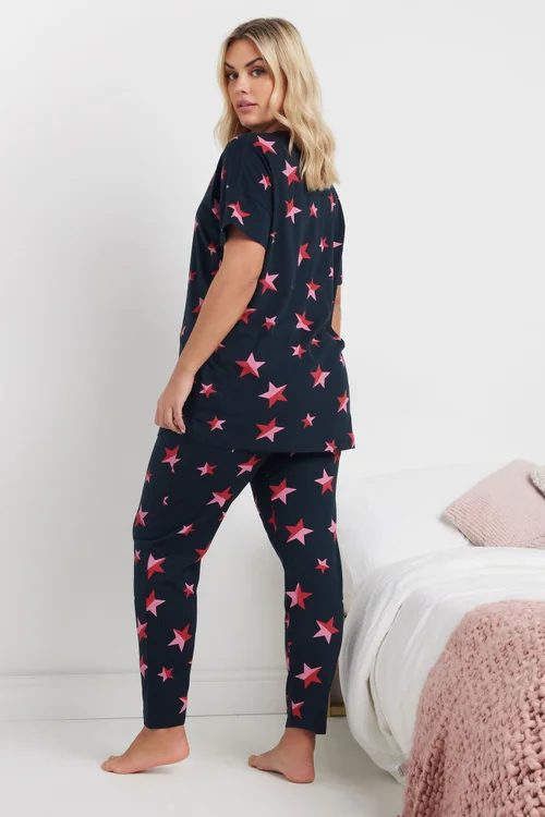 YOURS Curve Navy Blue Star Print Pyjama Set - Size 14-16 Image 3