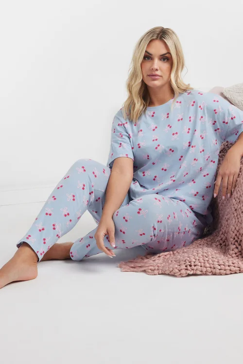 YOURS Curve Light Blue Cherry Bow Print Pyjama Set - Size 34-36 Image 2