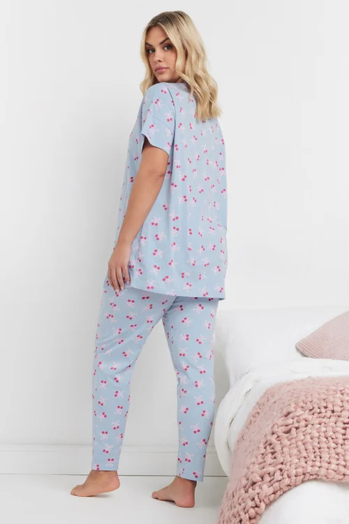 YOURS Curve Light Blue Cherry Bow Print Pyjama Set - Size 34-36 Image 3