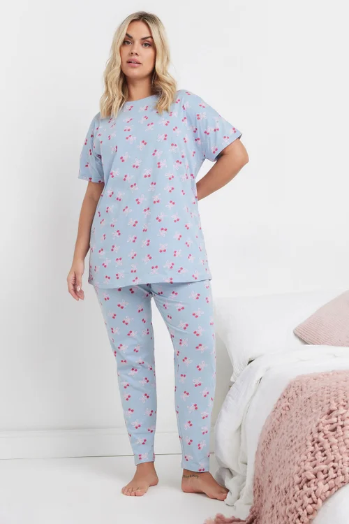 YOURS Curve Light Blue Cherry Bow Print Pyjama Set - Size 34-36 Image 1