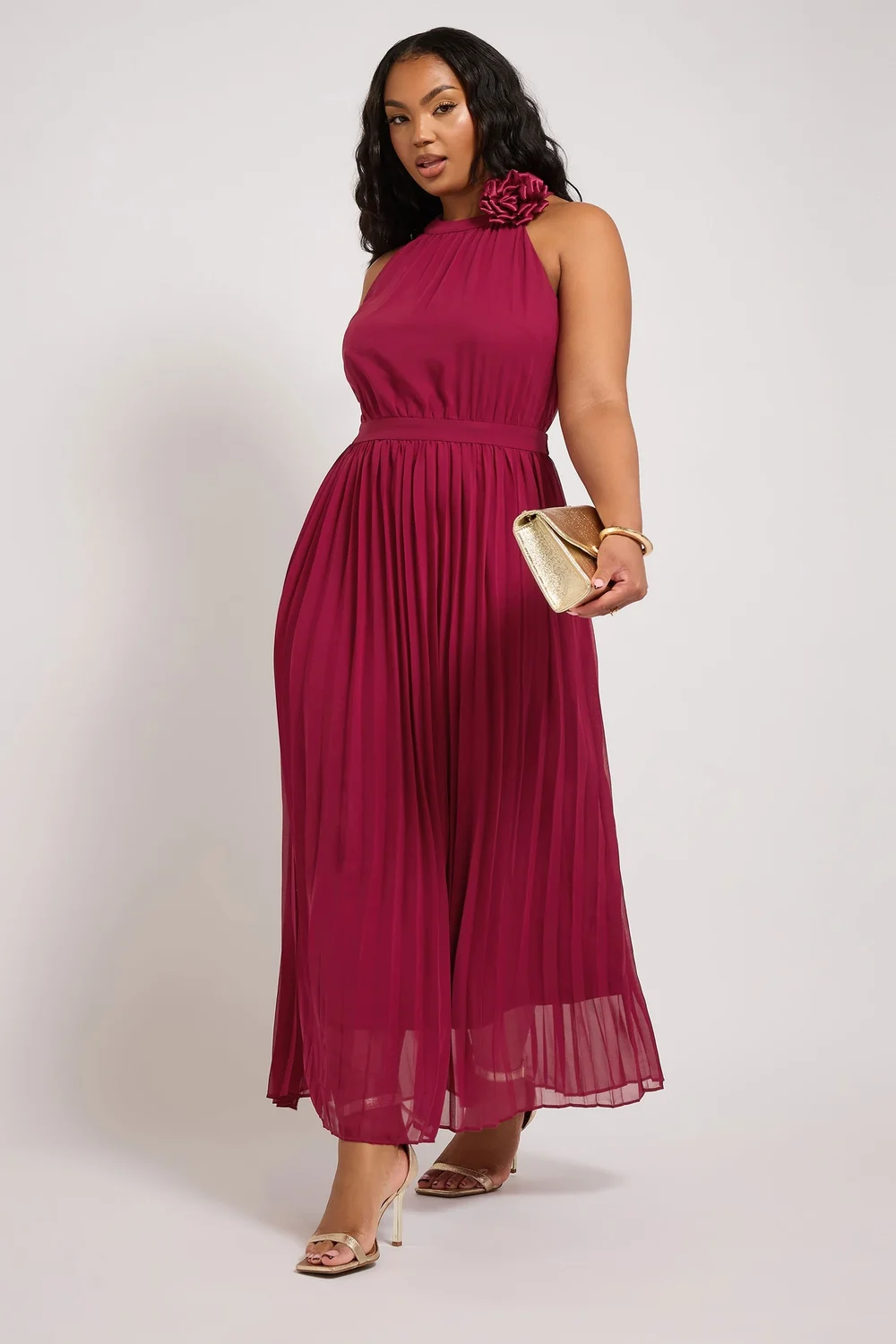 Yours London Curve Red Corsage Detail Pleated Maxi Dress - 26-28 Image 1