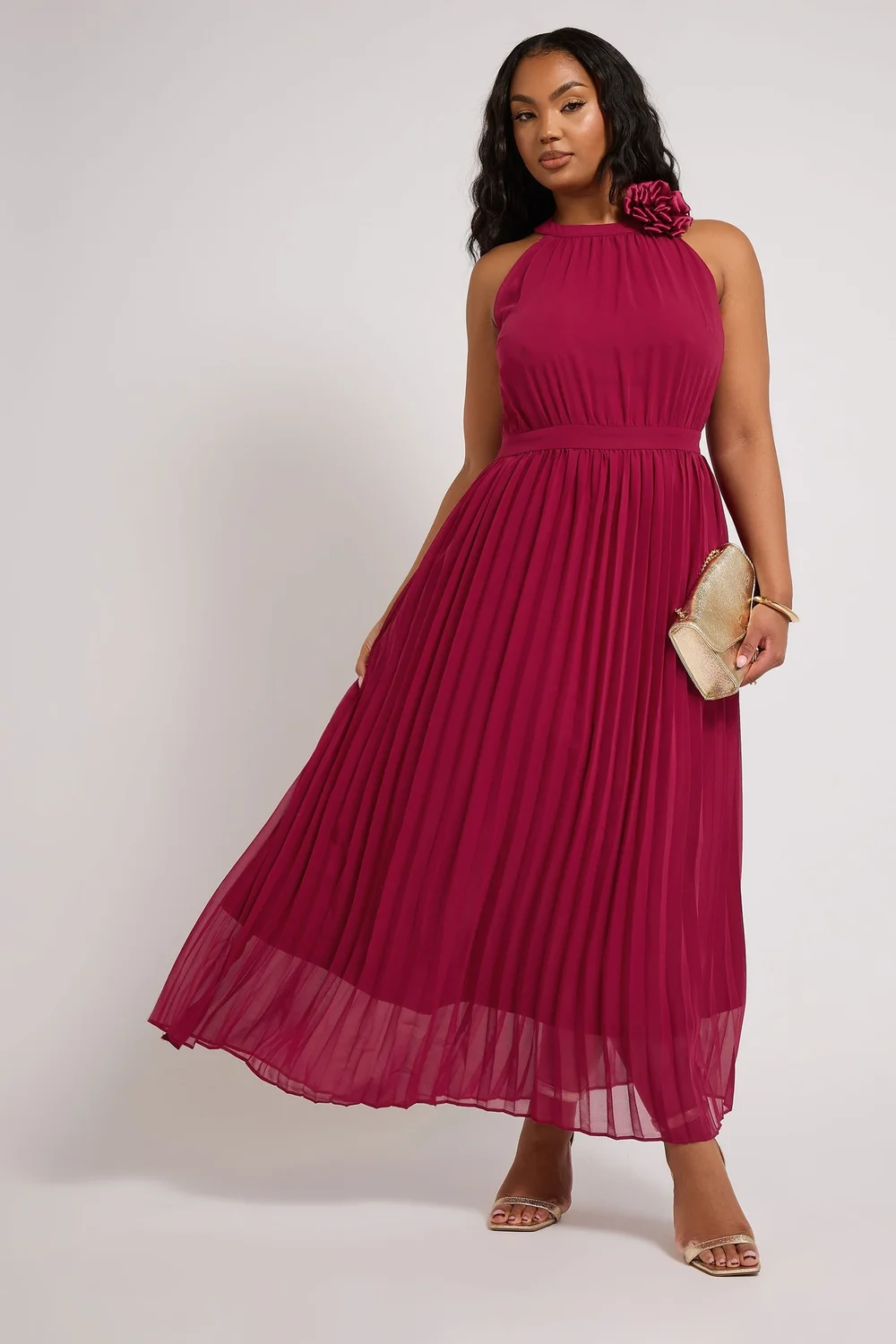 Yours London Curve Red Corsage Detail Pleated Maxi Dress - 26-28 Image 2
