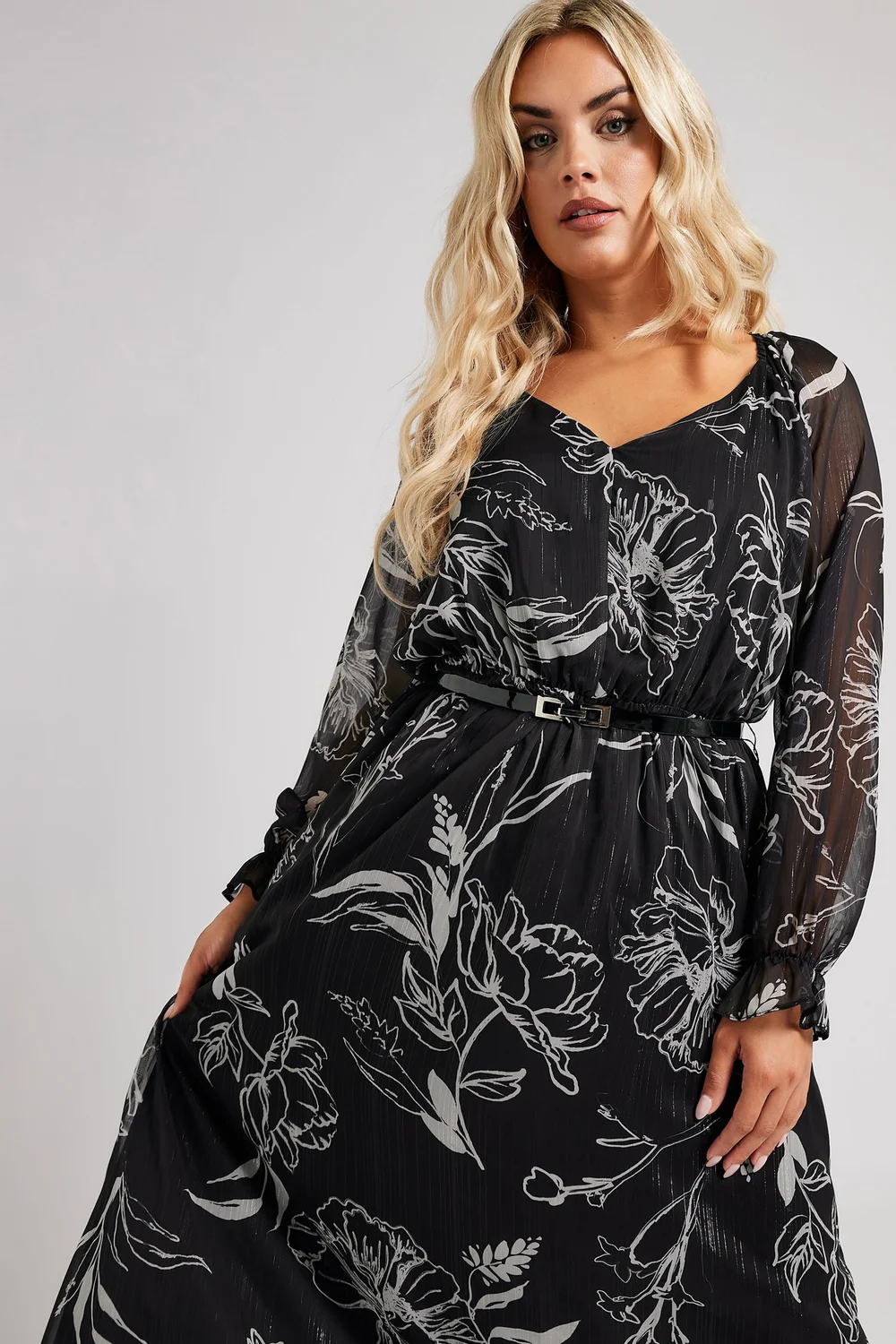 Yours London Curve Black & White Floral Print Metallic Midaxi Dress With Belt - 30-32 Image 2