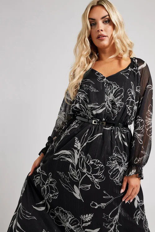 Yours London Curve Black & White Floral Print Metallic Midaxi Dress With Belt - 30-32 Image 2