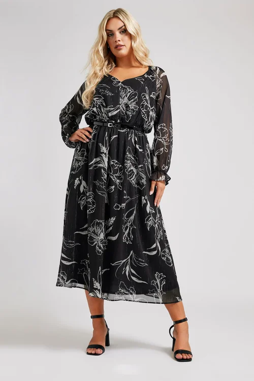 Yours London Curve Black & White Floral Print Metallic Midaxi Dress With Belt - 30-32 Image 1