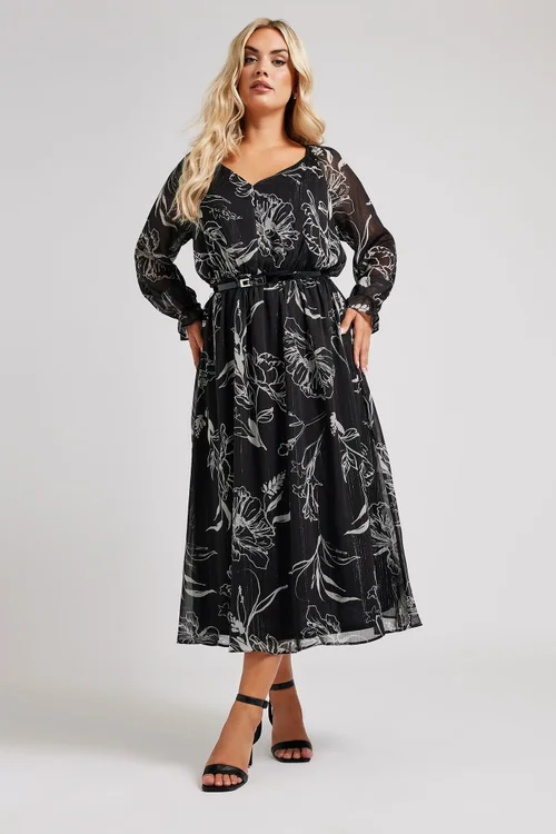 Yours London Curve Black & White Floral Print Metallic Midaxi Dress With Belt - 30-32 Image 3