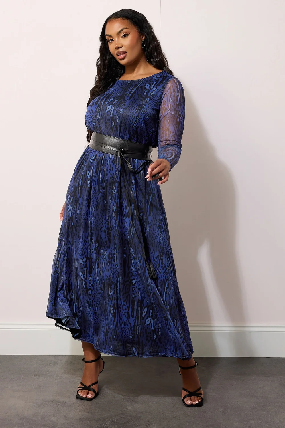 Yours London Curve Blue Animal Print Mesh Maxi Dress With Belt - 26-28 Image 2