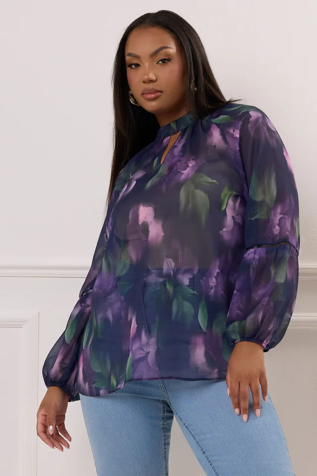 Yours London Curve Purple Floral Crochet Trim Blouse