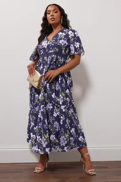 Yours London Curve Navy Blue Floral Crochet Lace V-Neck Midaxi Dress - Size 16 Image 3