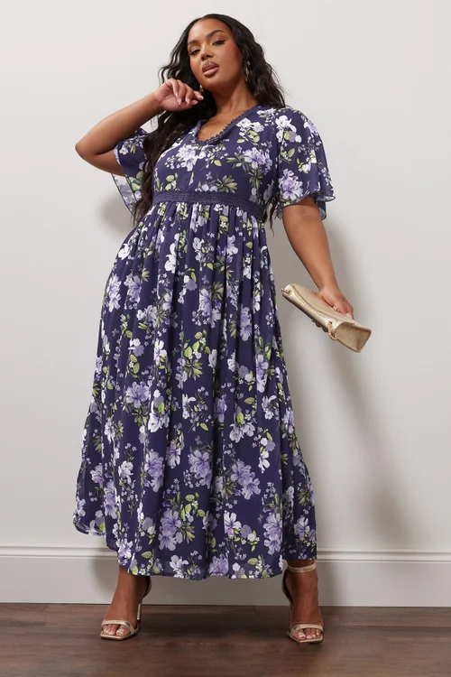 Yours London Curve Navy Blue Floral Crochet Lace V-Neck Midaxi Dress - Size 16 Image 2