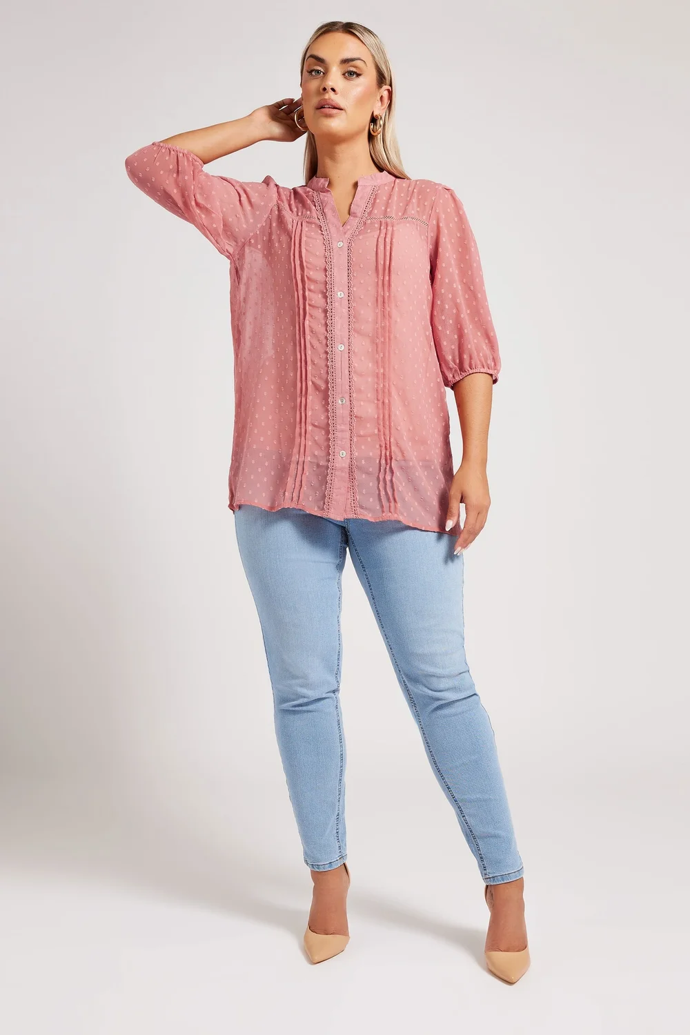 Yours London Curve Pink Dobby Crochet Trim Blouse - 16 Image 2