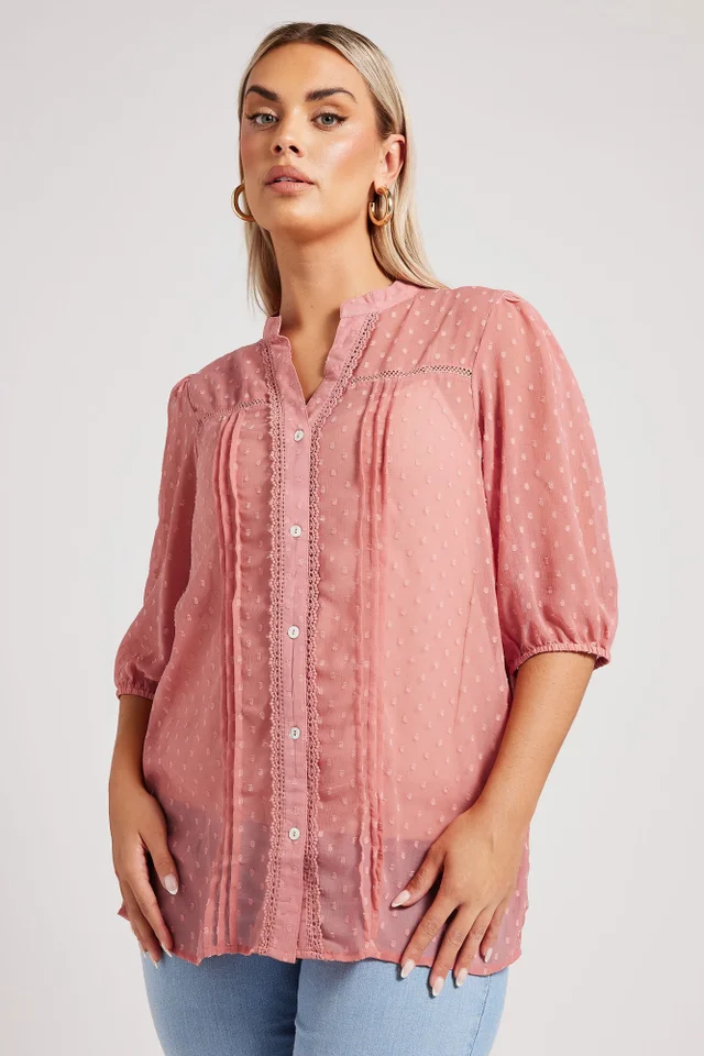 Yours London Curve Pink Dobby Crochet Trim Blouse