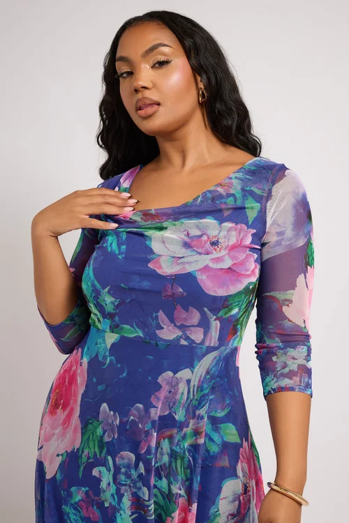 Yours London Curve Blue Floral Asymmetric Cowl Neck Mesh Dress - 20 Image 4