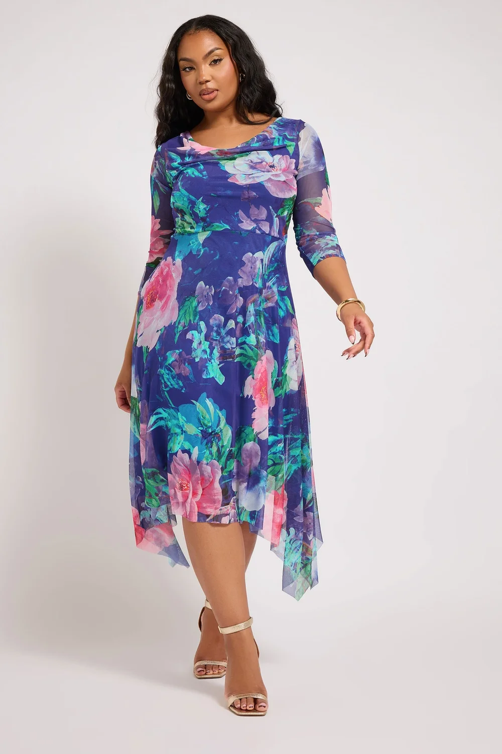 Yours London Curve Blue Floral Asymmetric Cowl Neck Mesh Dress - 20 Image 1