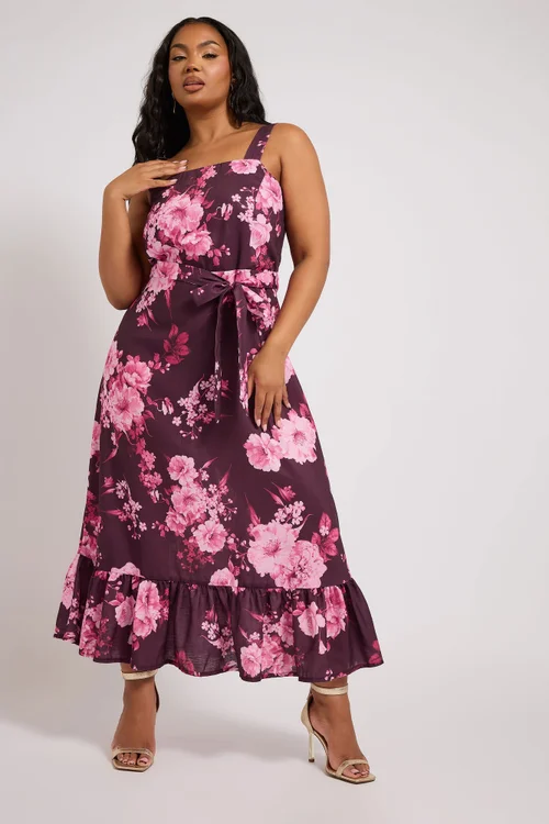 Yours London Curve Purple Floral Print Linen Look Dress - 22 Image 2