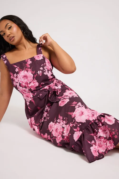 Yours London Curve Purple Floral Print Linen Look Dress - 22 Image 3