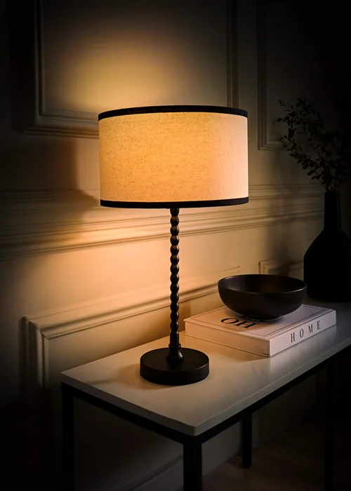ValueLights Maeve Black Bobbin Table Lamp Linen Black Trim Shade - One Size Image 2