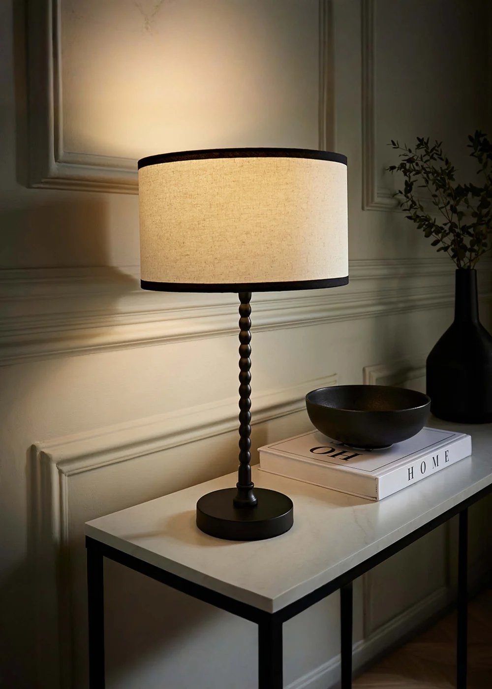 ValueLights Maeve Black Bobbin Table Lamp Linen Black Trim Shade - One Size Image 1