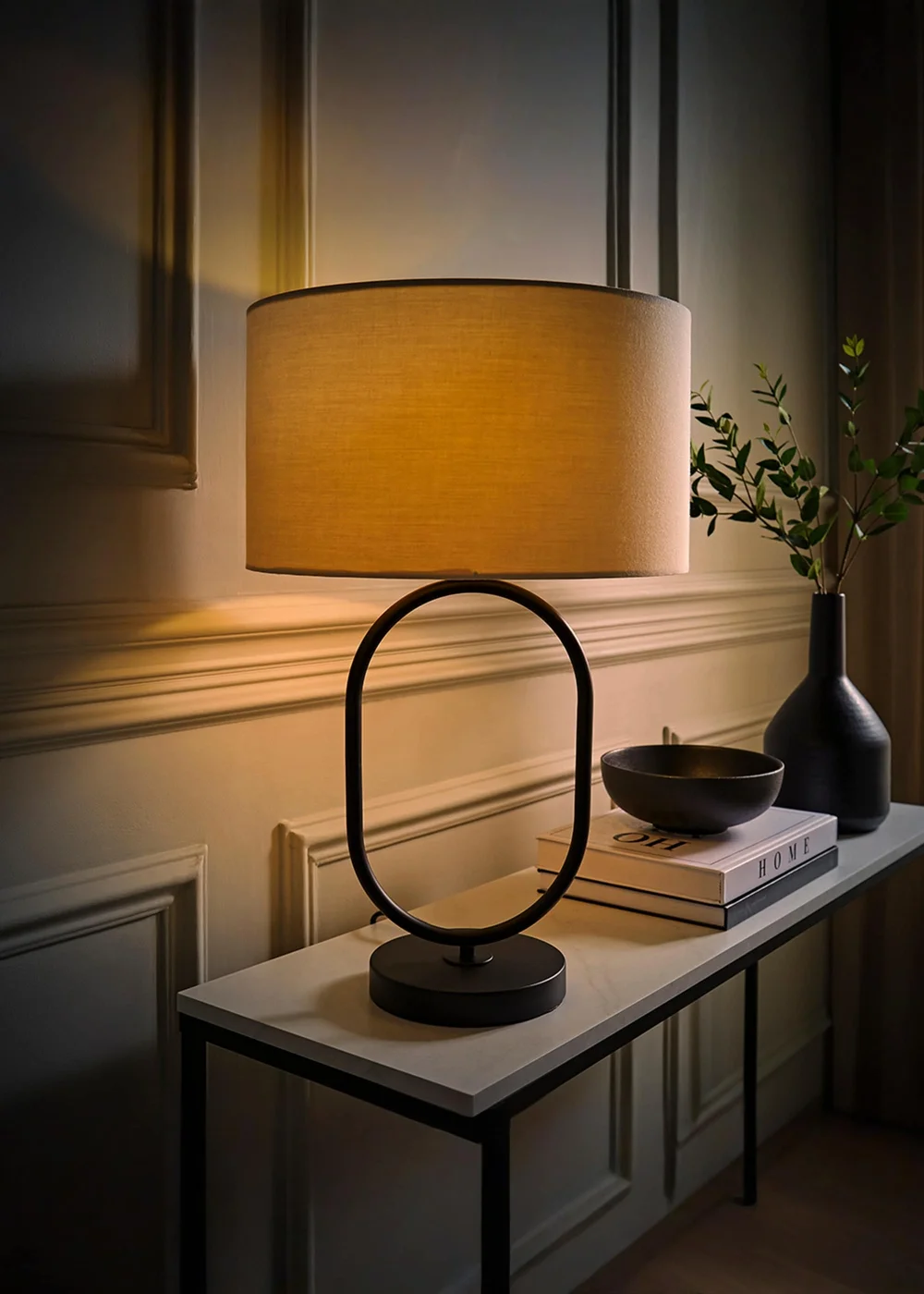 ValueLights Antonia Matte Black Oval Table Lamp Natural Lampshade - One Size Image 2