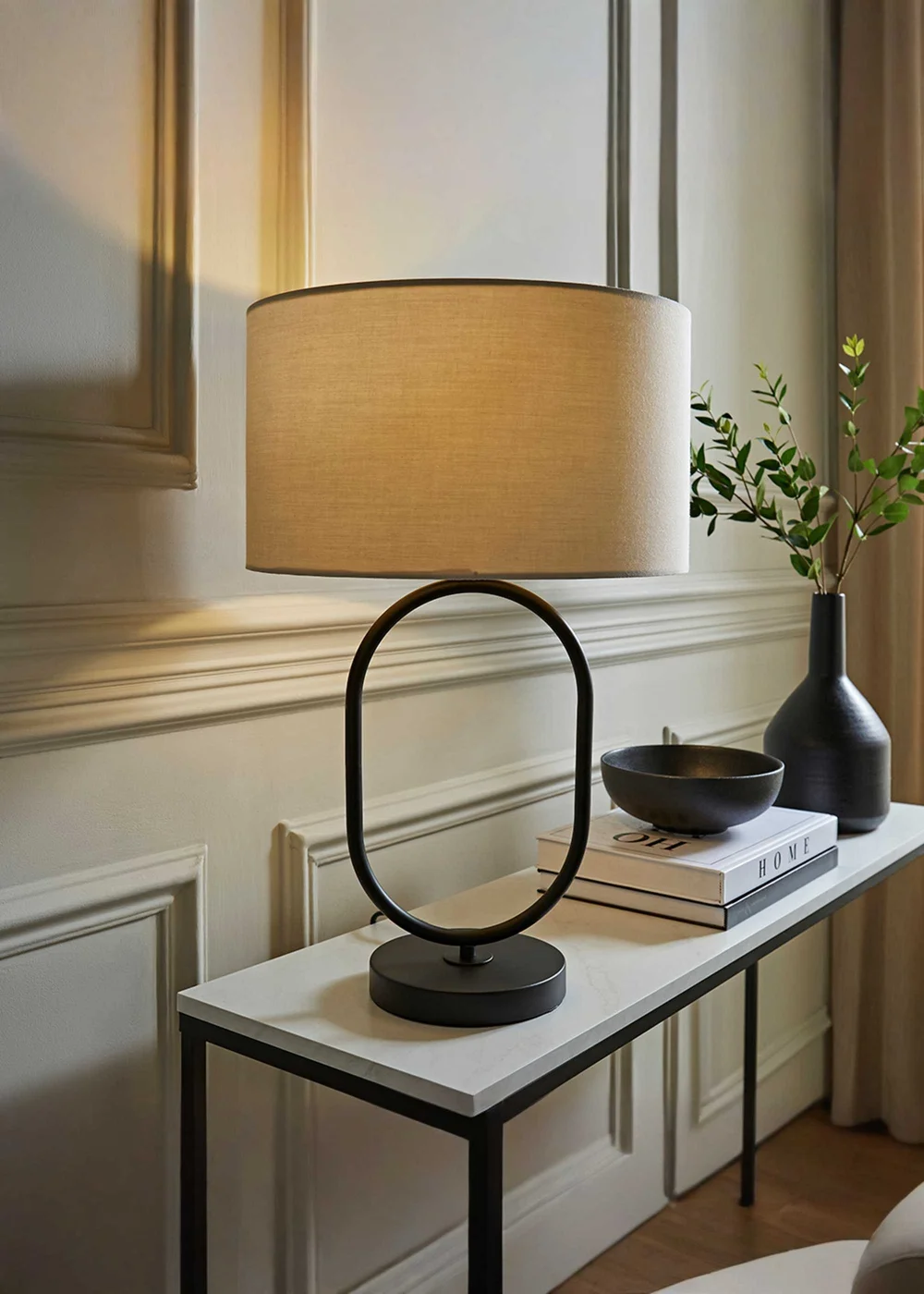 ValueLights Antonia Matte Black Oval Table Lamp Natural Lampshade - One Size Image 1