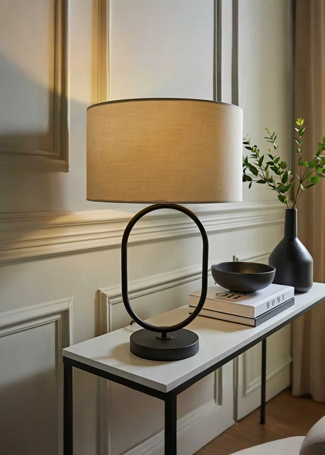 ValueLights Antonia Matte Black Oval Table Lamp Natural Lampshade