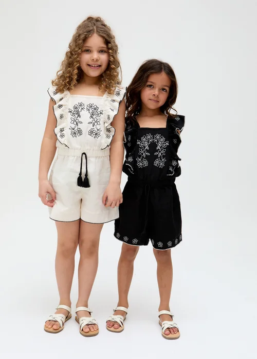 Raffya Kids Ecru Philo Ruffle Neck Embroidered Playsuit (3-9 Years) - Age 3 Years Image 4