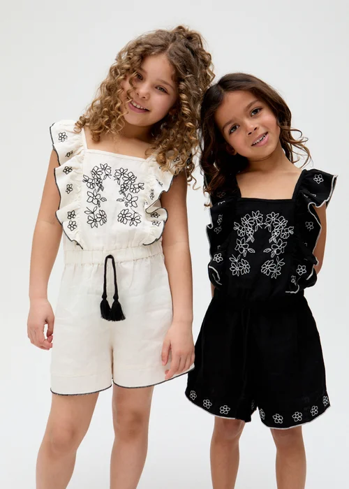 Raffya Kids Ecru Philo Ruffle Neck Embroidered Playsuit (3-9 Years) - Age 3 Years Image 2