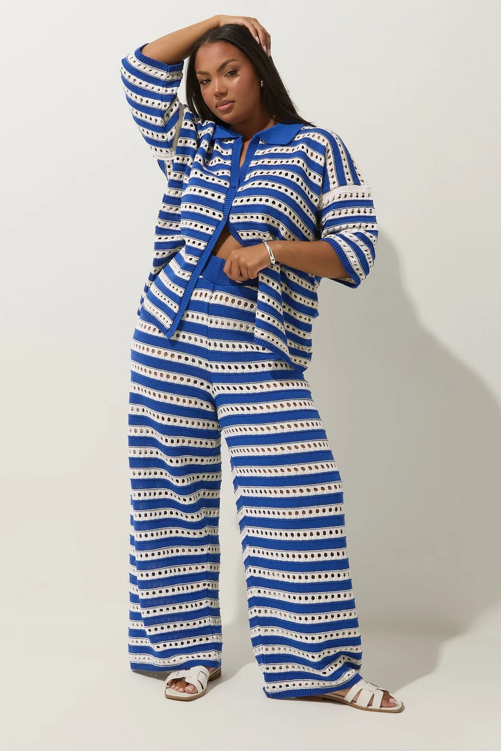 LIMITED COLLECTION Curve Blue & White Stripe Crochet Shirt - Size 18-20 Image 2