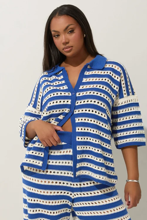 LIMITED COLLECTION Curve Blue & White Stripe Crochet Shirt - Size 18-20 Image 1