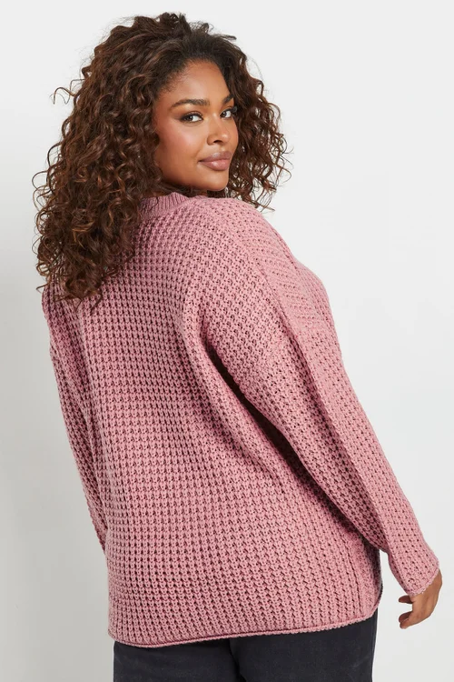YOURS Curve Pink Waffle Knit V-Neck Jumper - Size 26-28 Image 3
