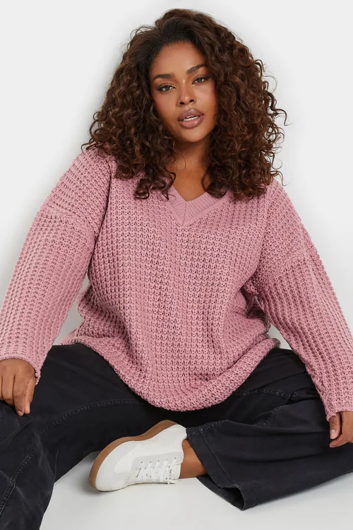 YOURS Curve Pink Waffle Knit V-Neck Jumper - Size 26-28 Image 1