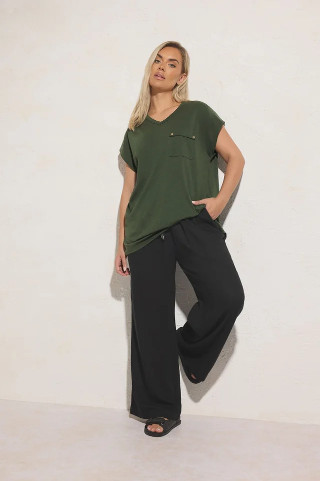 Yours Curve Black Linen Tie Front Trousers