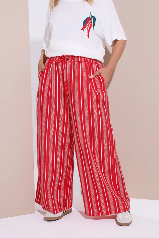 Yours Curve Red Textured Stripe Wide Leg Trousers