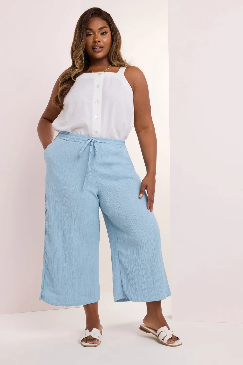 Yours Curve Light Blue Crinkle Midaxi Culottes - 14 Image 2