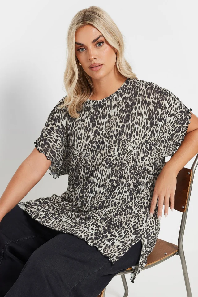 Yours Curve Natural Brown Leopard Print Plisse T-Shirt