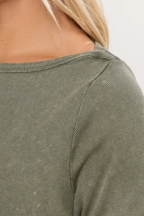 Yours Curve Khaki Green Acid Wash Ribbed Swing T-Shirt - Size 22-24 Image 4