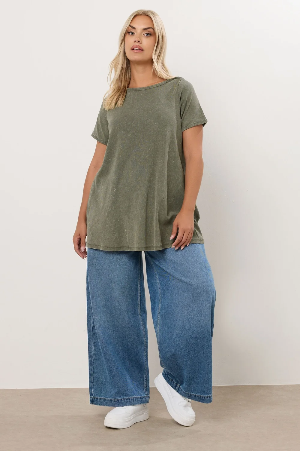 Yours Curve Khaki Green Acid Wash Ribbed Swing T-Shirt - Size 22-24 Image 2