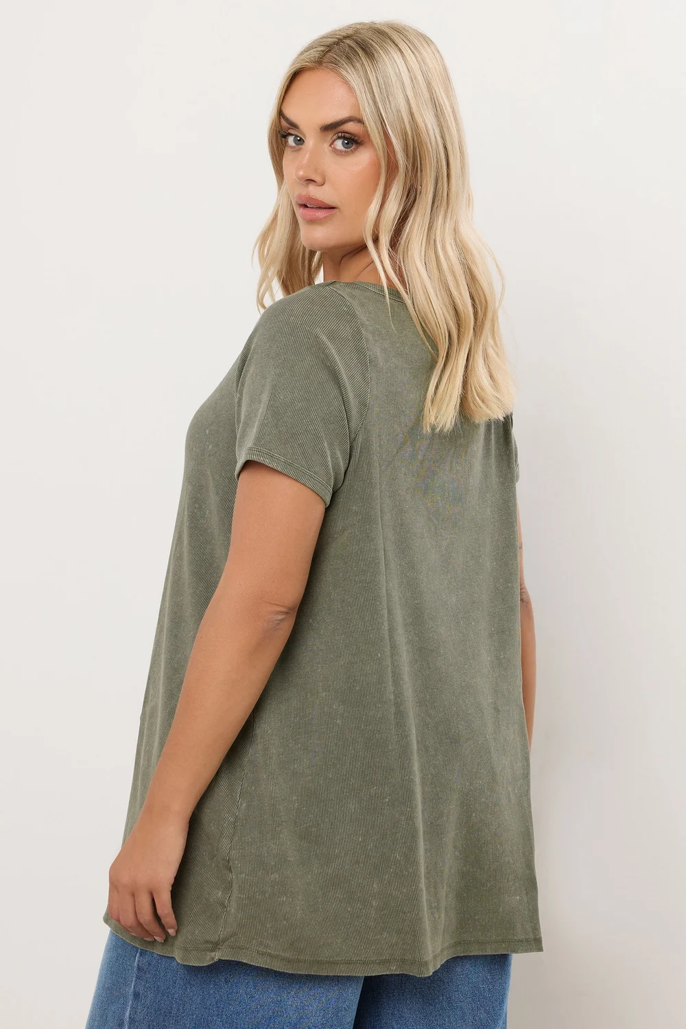 Yours Curve Khaki Green Acid Wash Ribbed Swing T-Shirt - Size 22-24 Image 3