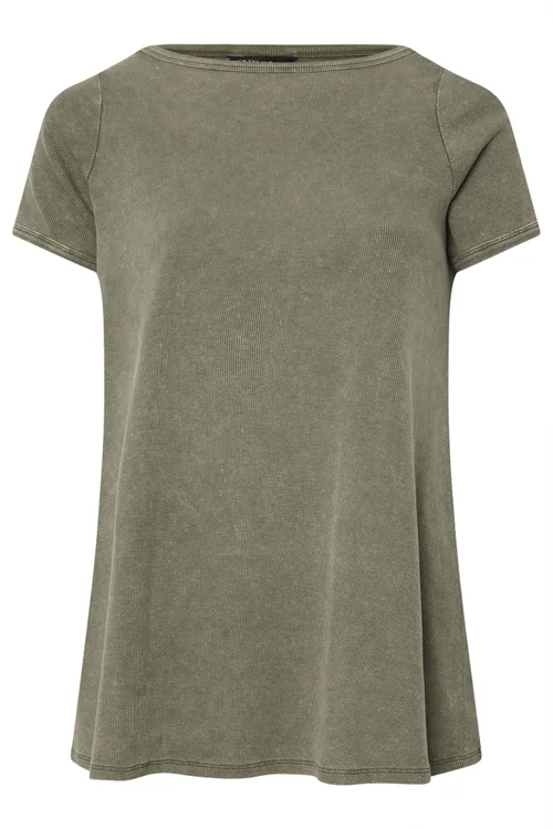 Yours Curve Khaki Green Acid Wash Ribbed Swing T-Shirt - Size 22-24 Image 5