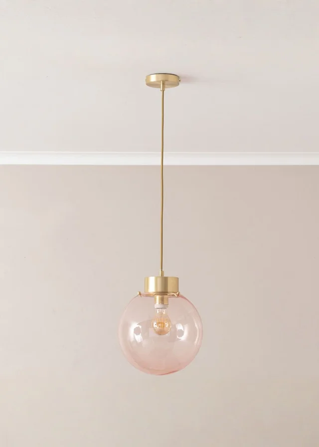 ValueLights Frenchie Pink Glass Globe Brushed Gold Capped Ceiling Light