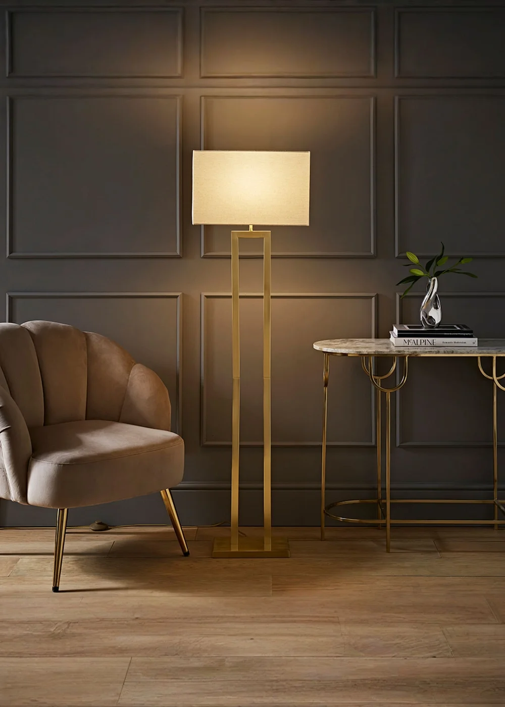 ValueLights Gloria Gold Double Stem Metal Floor Lamp with Rectangular Lampshade - One Size Image 1