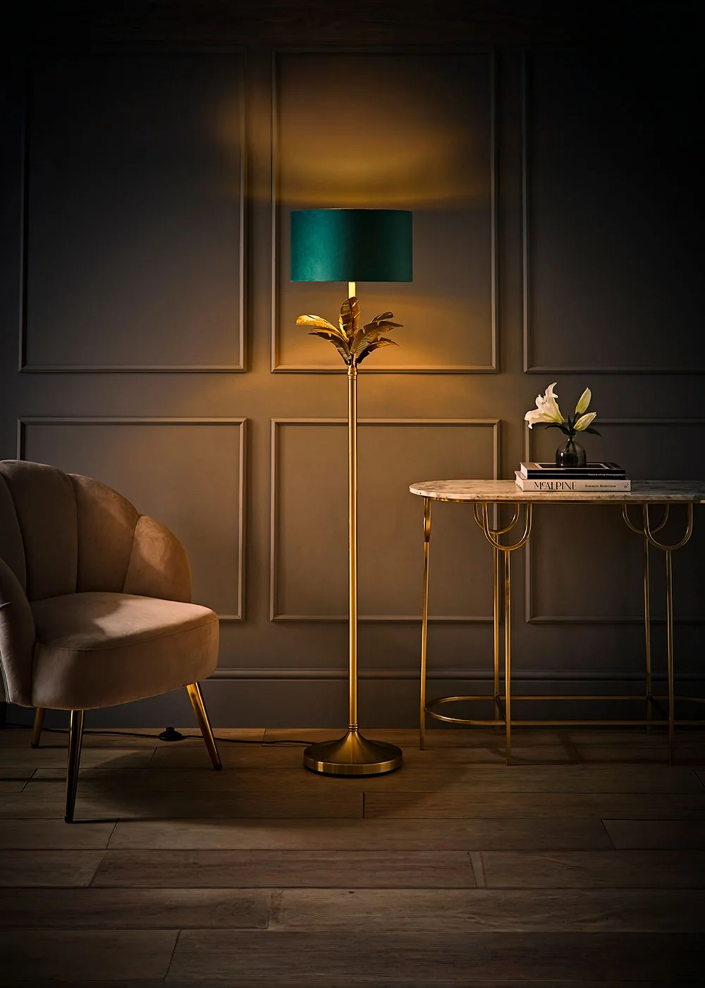 ValueLights Christina Gold Palm Leaf Floor Lamp Green Velvet Lampshade - One Size Image 2