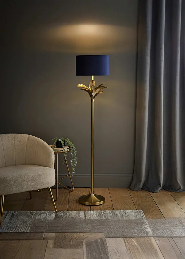 ValueLights Christina Gold Palm Leaf Floor Lamp Navy Velvet Lampshade